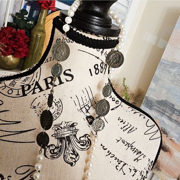 VTG French Republique Francaise Faux Pearl Antique Coin Dangle Statement Neckla - Picture 8 of 15